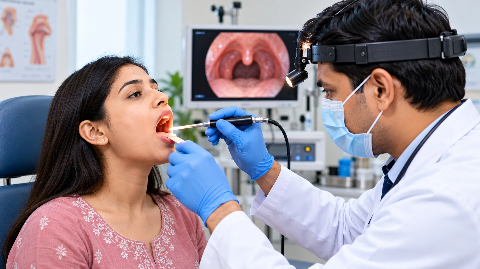 ENT doctor examining a patient's throat in a modern clinic
