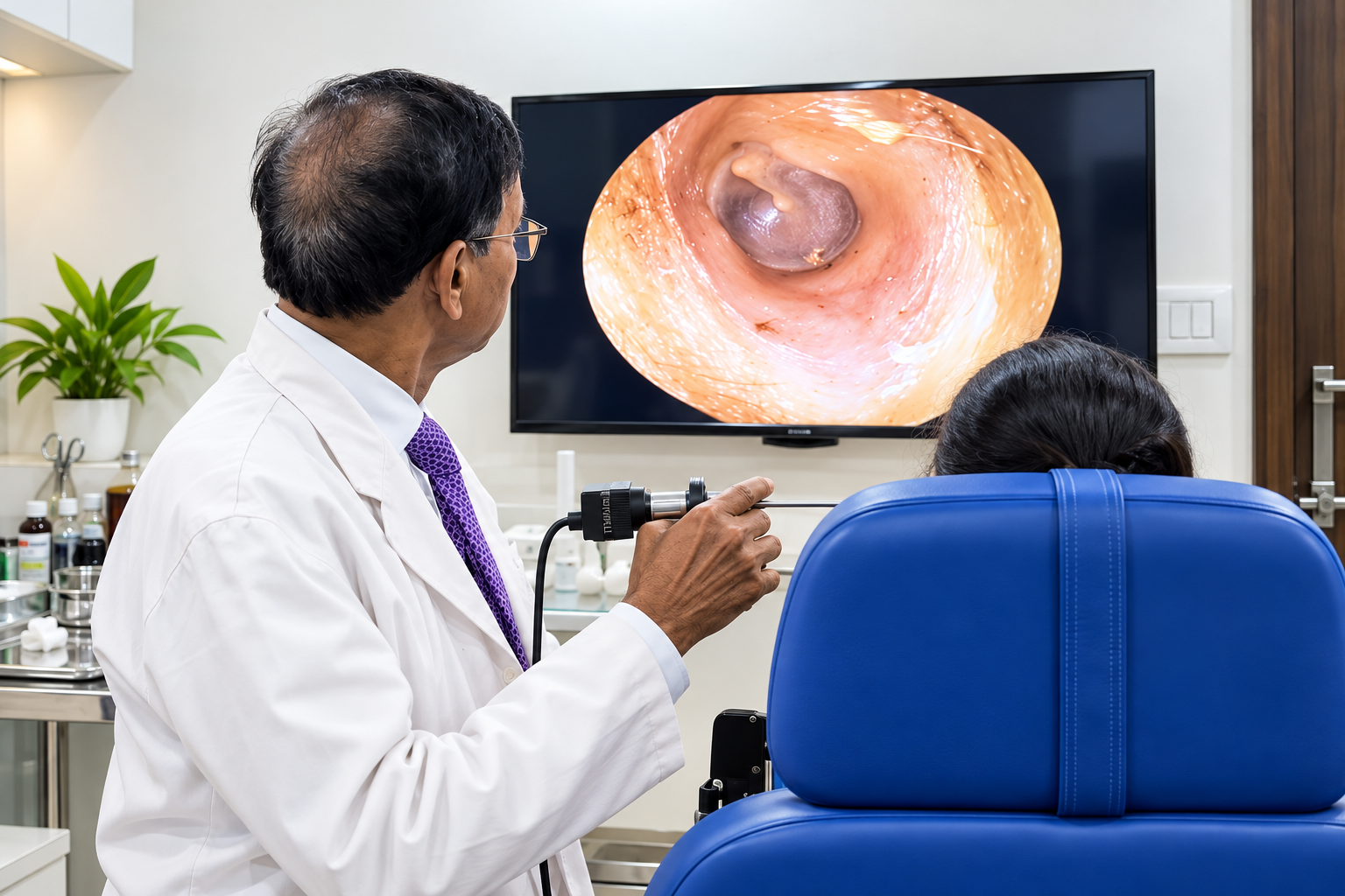 ENT doctor performing an endoscopic examination