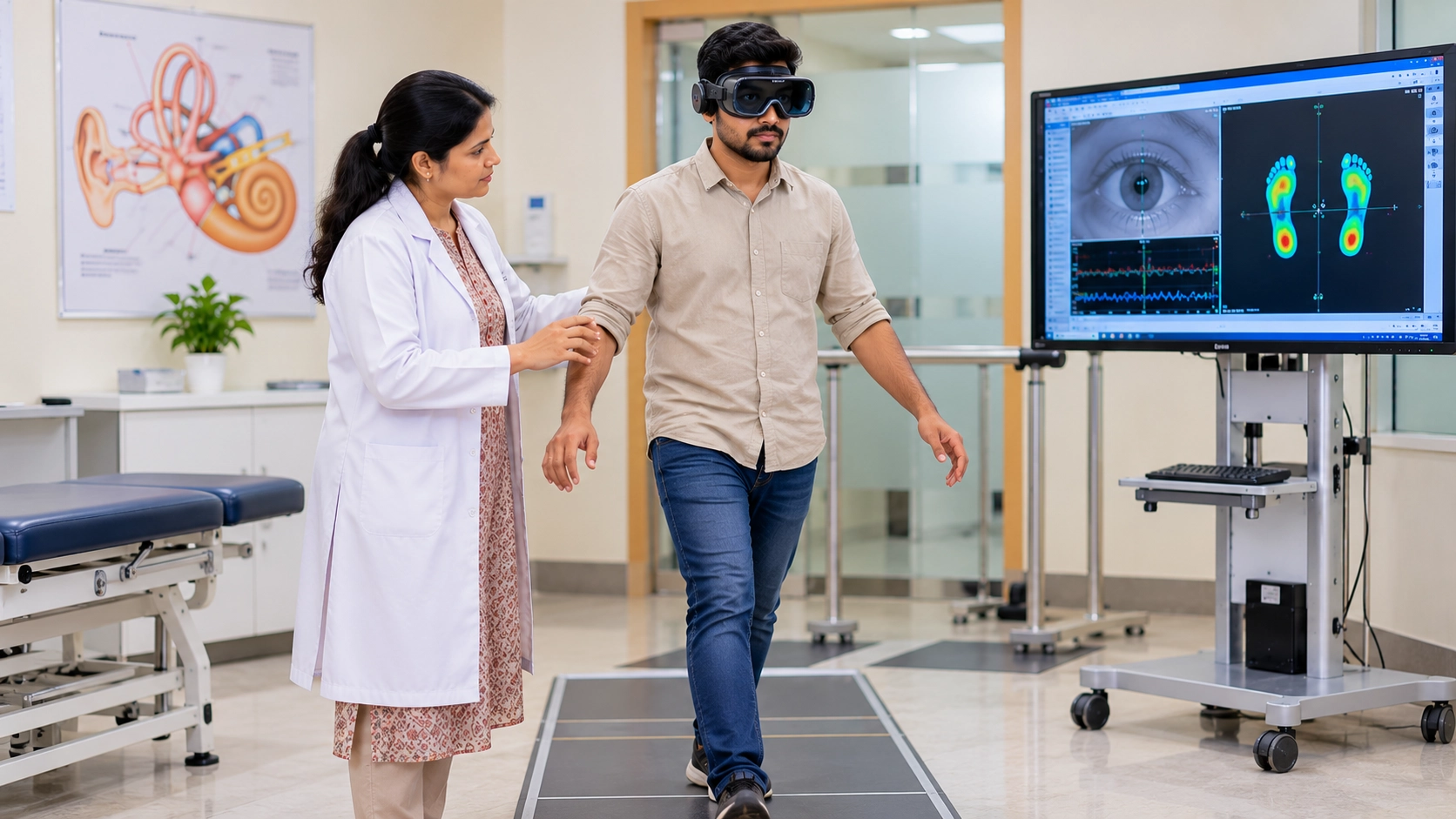 Patient undergoing a vestibular balance assessment in a clinic